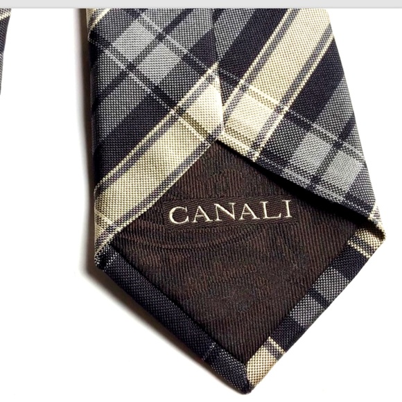 CANALI  black, gray & cream color plaid silk tie made in Italy 🇮🇹 - Picture 1 of 11